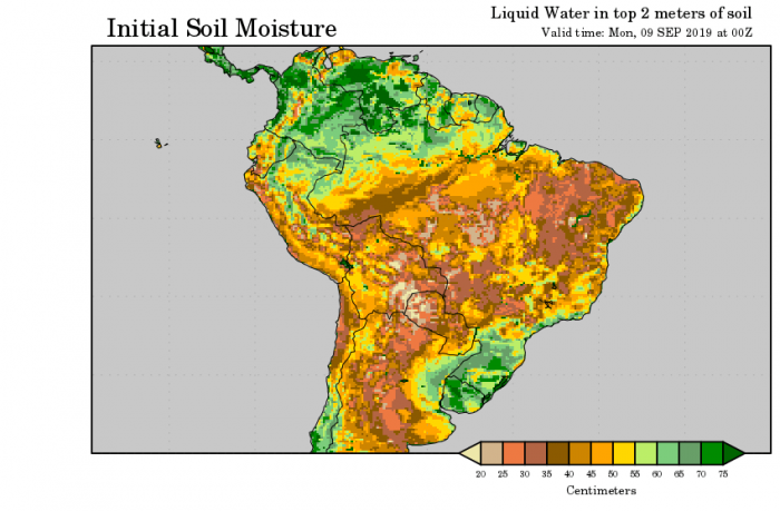 Mapa de umidade no solo por profundidade em centímetros em todo o Brasil - Fonte: COLA/NOAA