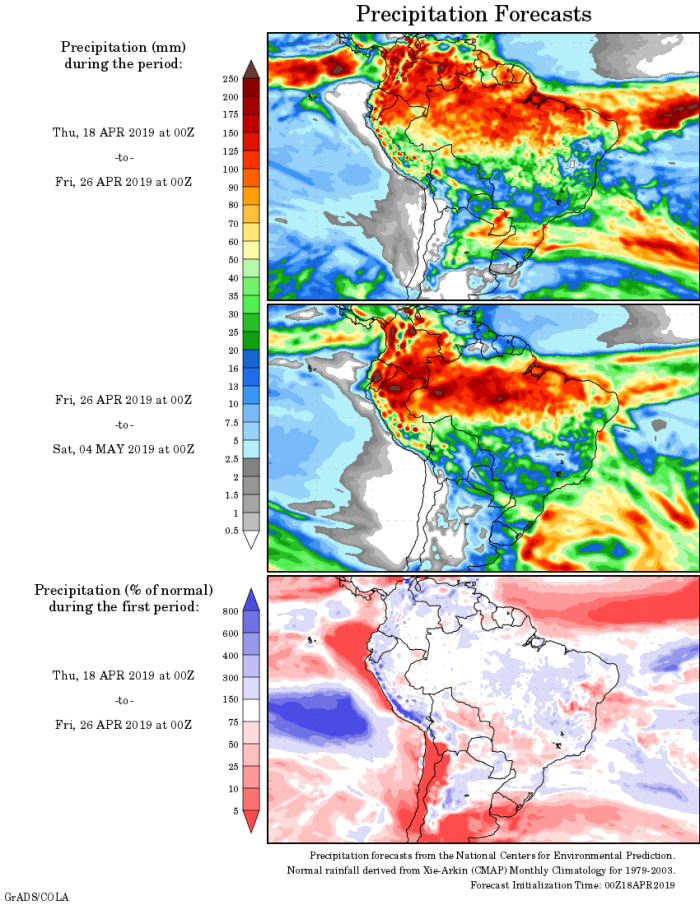 Mapa com a tendência de precipitação acumulada para o período de 18 de abril até 04 de maio - Fonte: National Centers for Environmental Prediction/NOAA