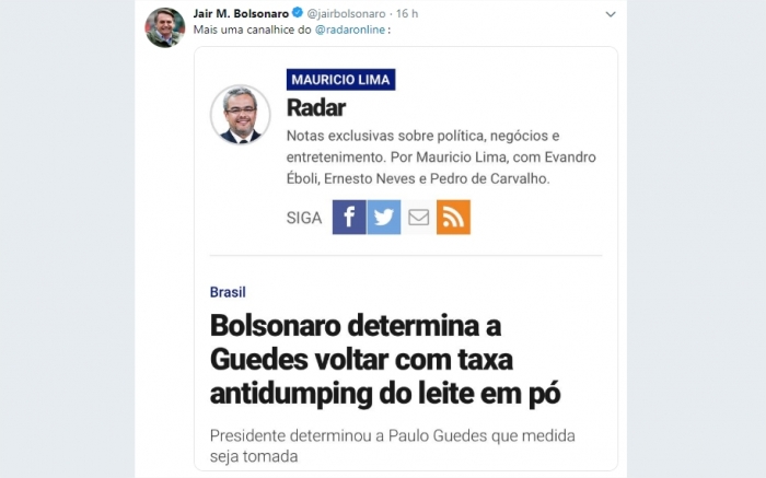 Tweet Bolsonaro Leite em pó