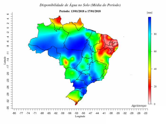 Mapa com disponibilidade de água no solo no Brasil entre 13/01 e 17/01 - Fonte: Inmet