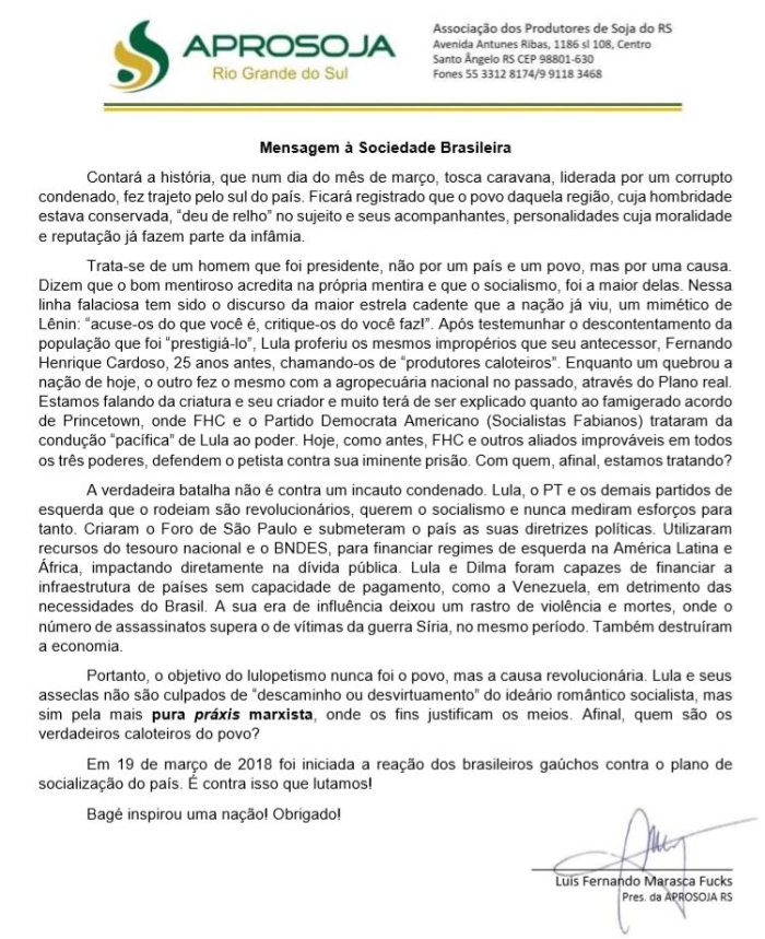 Nota Aprosoja RS - Lula