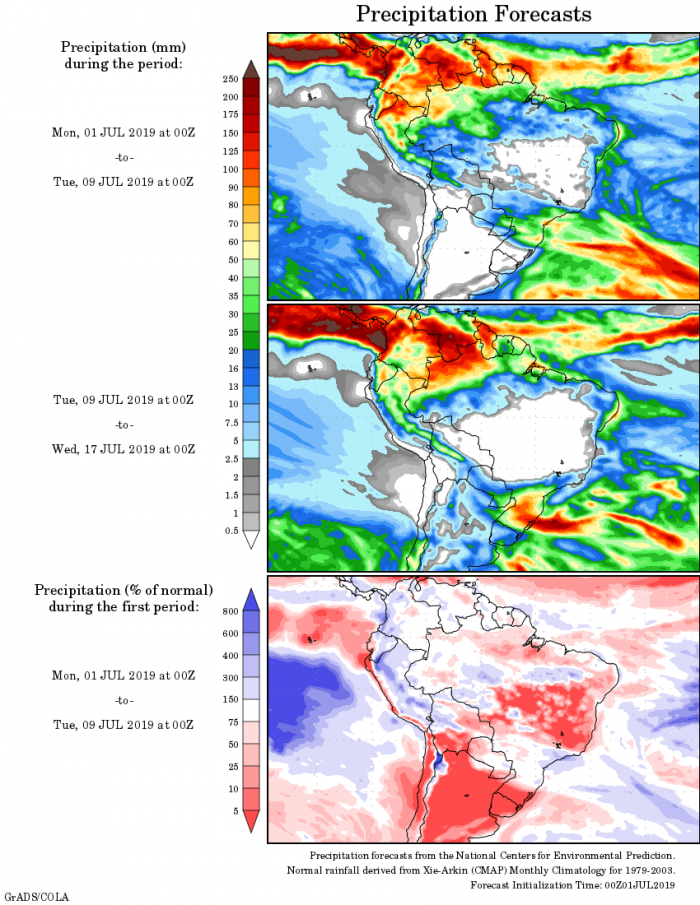 Mapa com a tendência de precipitação acumulada para o período de 01 até 17 de julho - Fonte: National Centers for Environmental Prediction/NOAA