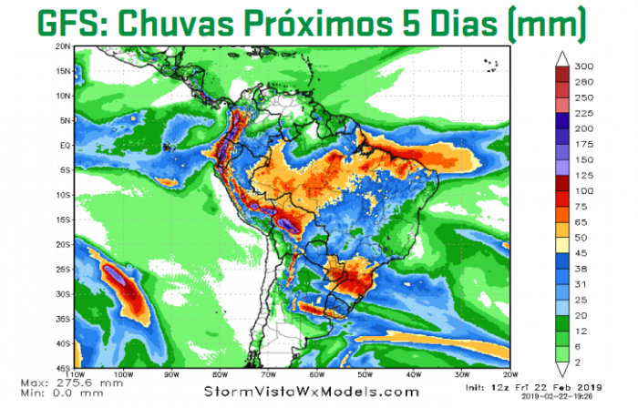 Mapa com a previsão de chuvas acumuladas nos próximos 5 dias no Brasil - Fonte: ARC Mercosul (AgResource)