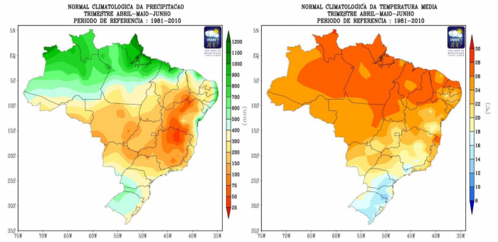 Climatologia de temperatura média e precipitação para o trimestre abril, maio e junho. Período de referência: 1981  2010 - Fonte: Inmet
