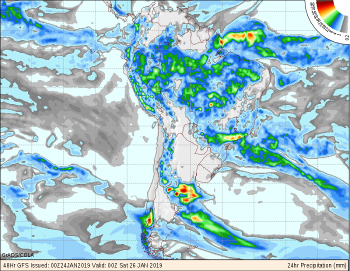 Mapa de previsão de precipitação do modelo GFS 24 horas para os próximos 3 dias em todo o Brasil - Fonte: COLA