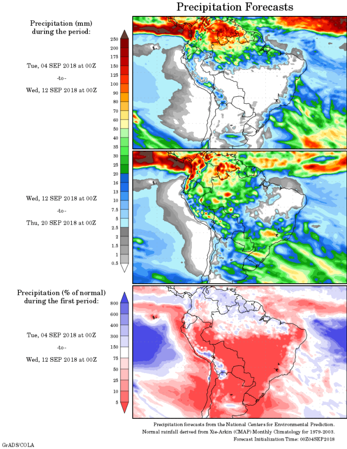 Mapa com a precipitação acumulada para o período de 04 de agosto até 20 de setembro - Fonte: National Centers for Environmental Prediction/NOAA