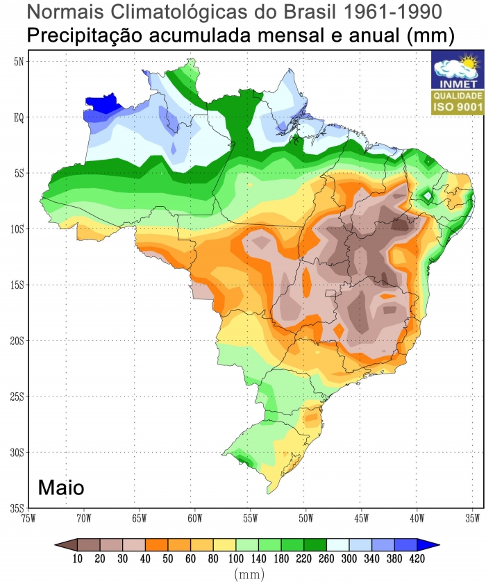 Normal climatológica de preicpitação do Brasil (1961-1990) para o mês de maio - Fonte: Inmet