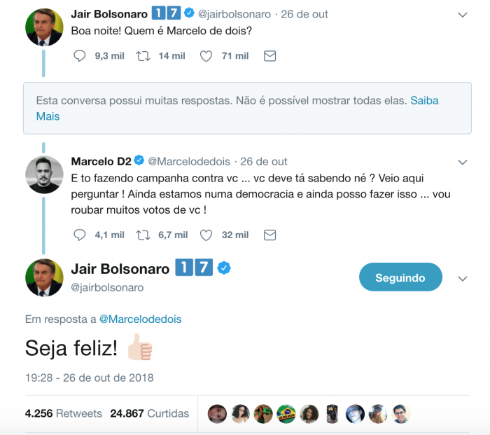 Tweets Bolsonaro e Marcelo D2