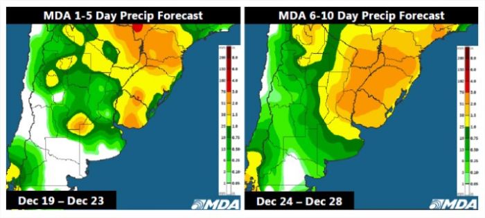 Previsão de Chuvas para a Argentina até 28 de dezembro - Fonte: MDA Weather Services