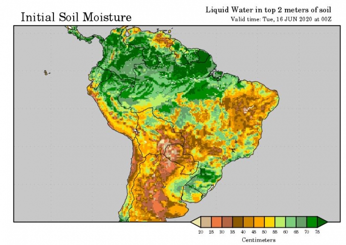 Mapa de umidade no solo por profundidade em centímetros em todo o Brasil -  NOAA - 1606