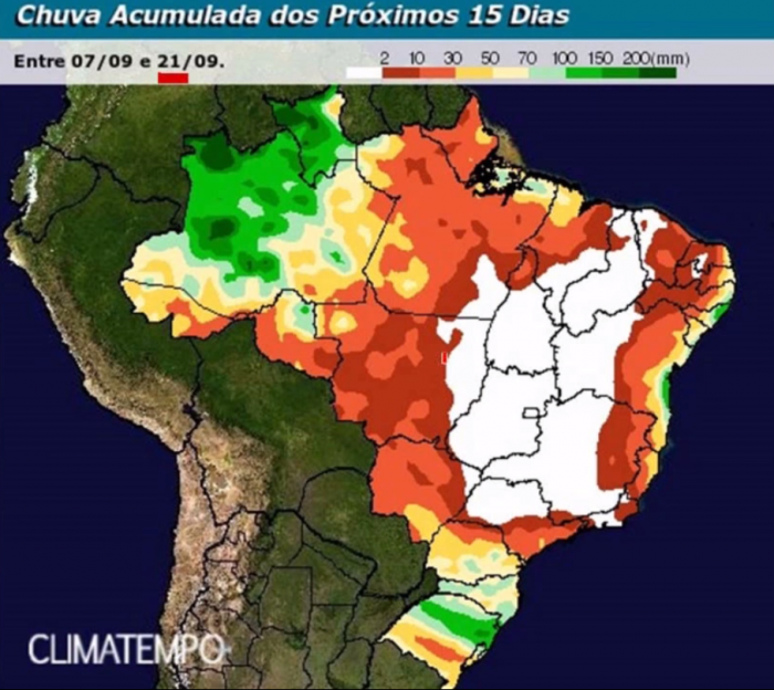 Chuva acumulada 15 dias no Brasil - Fonte: Climatempo