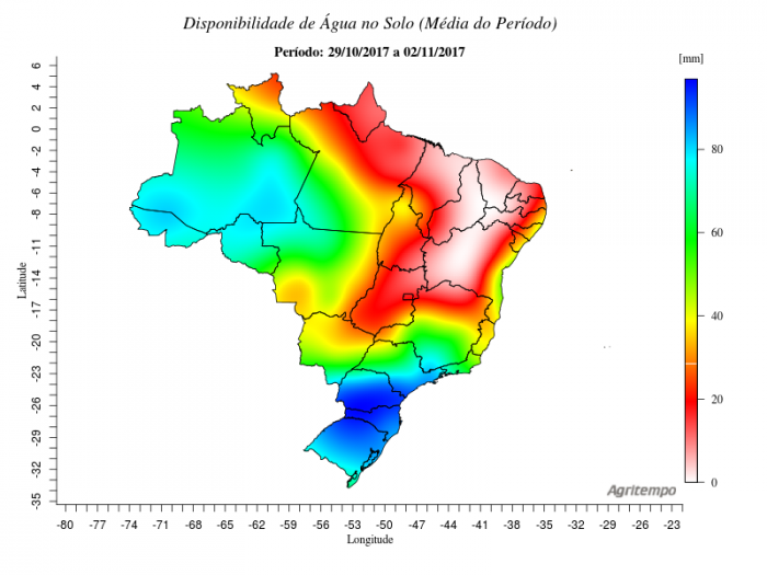 Mapa com disponibilidade de água no solo em todo o Brasil de 12/10 a 16/10 - Fonte: Inmet