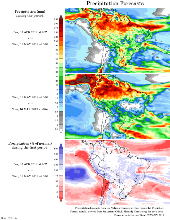 Mapa com a tendência de precipitação acumulada para o período de 30 de abril até 16 de maio - Fonte: National Centers for Environmental Prediction/NOAA