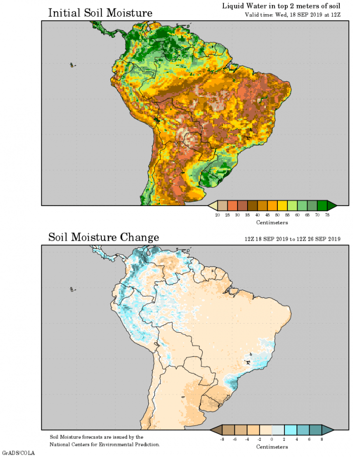 Mapa de umidade no solo - Fonte: National Centers for Environmental Prediction/NOAA