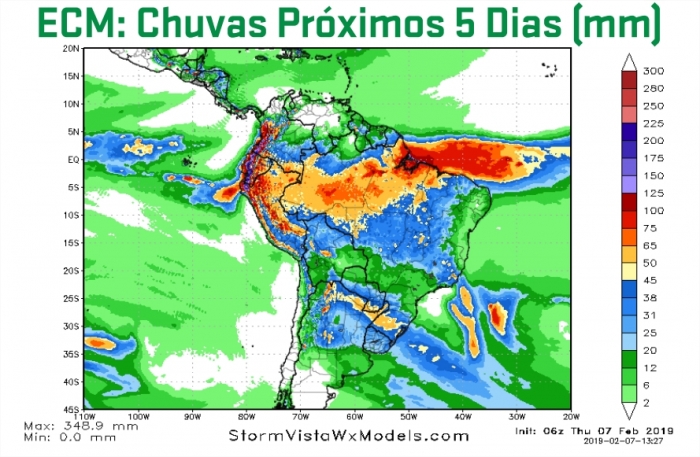 Mapa de precipitação acumulada do GFS para os próximos 5 dias -Fonte: ARC Mercosul (AgResource)