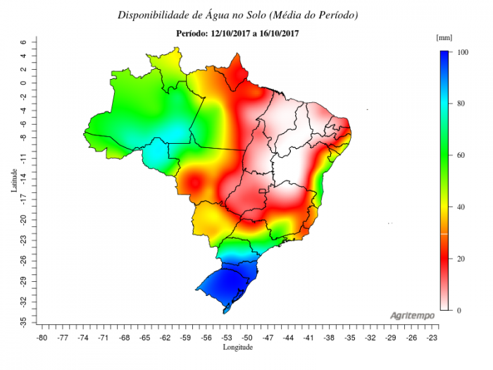 Mapa com disponibilidade de água no solo em todo o Brasil de 12/10 a 16/10 - Fonte: Agritempo