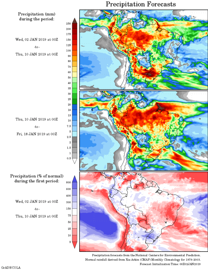 Mapa com a tendência de precipitação acumulada para o período de 02 de janeiro até 18 de janeiro - Fonte: National Centers for Environmental Prediction/NOAA